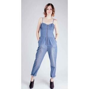 Special A Denim Jumpsuit | Zip Front, Strappy Back, Pockets – Size M